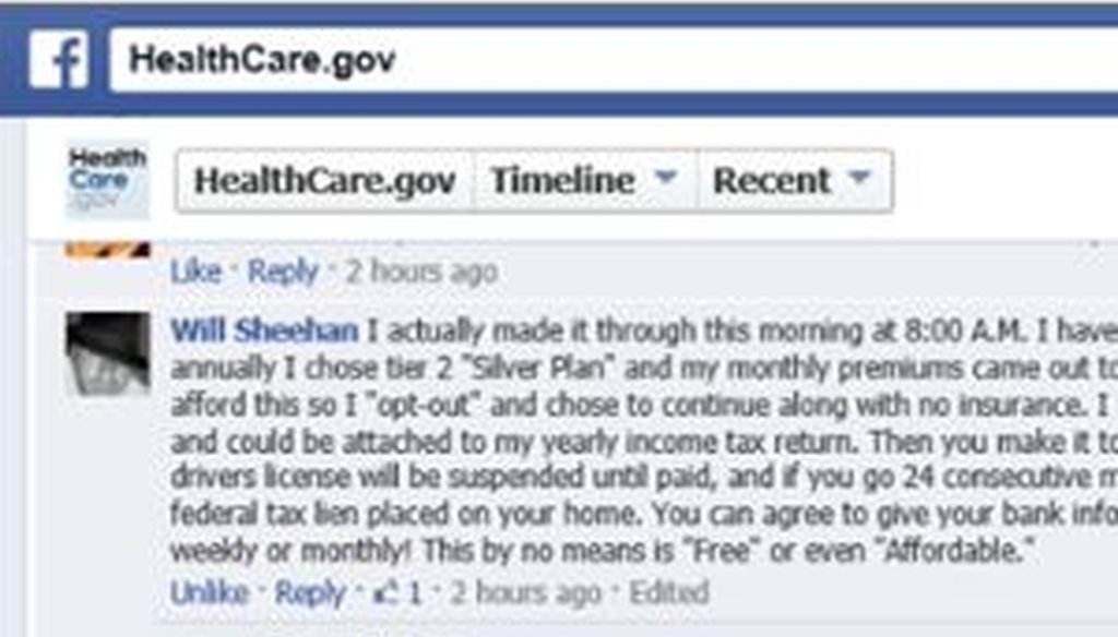 This post on the Facebook page of HealthCare.gov, detailing a man's struggles with big fines for not buying insurance, went viral.