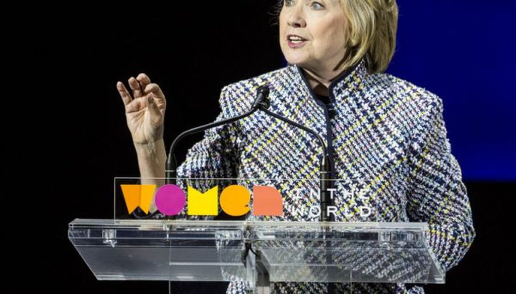 Democratic presidential hopeful and former Secretary of State Hillary Clinton addresses the Women in the World Conference on April 23, 2015, in New York City.