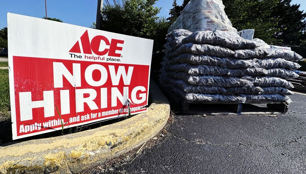 A hiring sign outside of a hardware store in Buffalo Grove, Ill., on July 9, 2023. (AP)