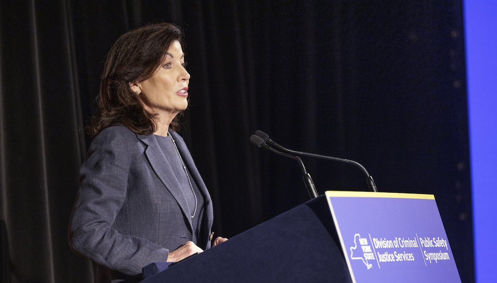 Gov. Kathy Hochul delivers remarks at the New York State Division of Criminal Justice Services Public Safety Symposium on Sept. 28, 2022, in Albany. (Office of Gov. Kathy Hochul)