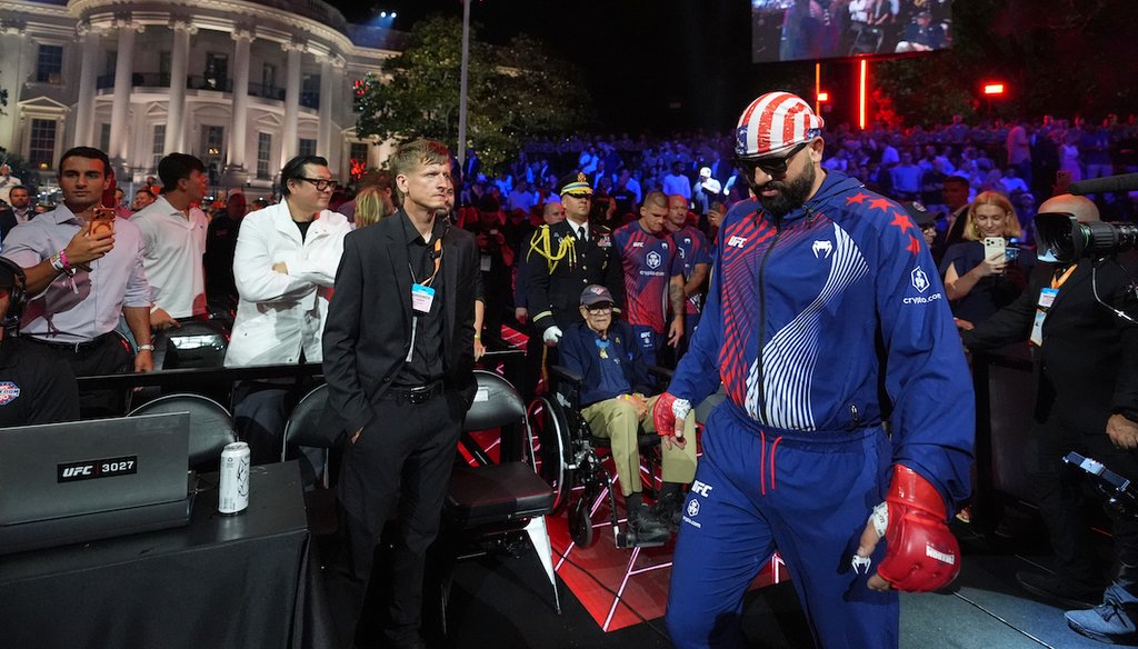 Josh Hokit walks out for his heavyweight bout against Derrick Lewis during UFC Freedom 250 on the South Lawn of the White House, Sunday, June 14, 2026, in Washington. (AP)