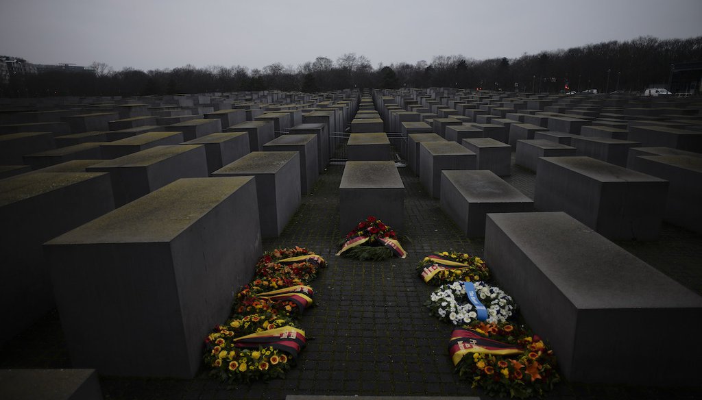 Wreaths are seen placed at the Memorial to the Murdered Jews of Europe on the International Holocaust Remembrance Day in Berlin, Germany, on Jan. 27, 2022. (AP)