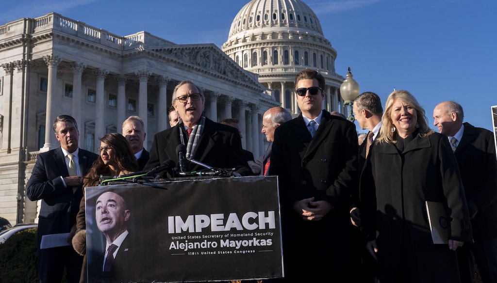 Rep. Andy Biggs, R-Ariz., stands with a group of GOP lawmakers who are calling for the impeachment of Secretary of Homeland Security Alejandro Mayorkas, Dec. 13, 2022. (AP)