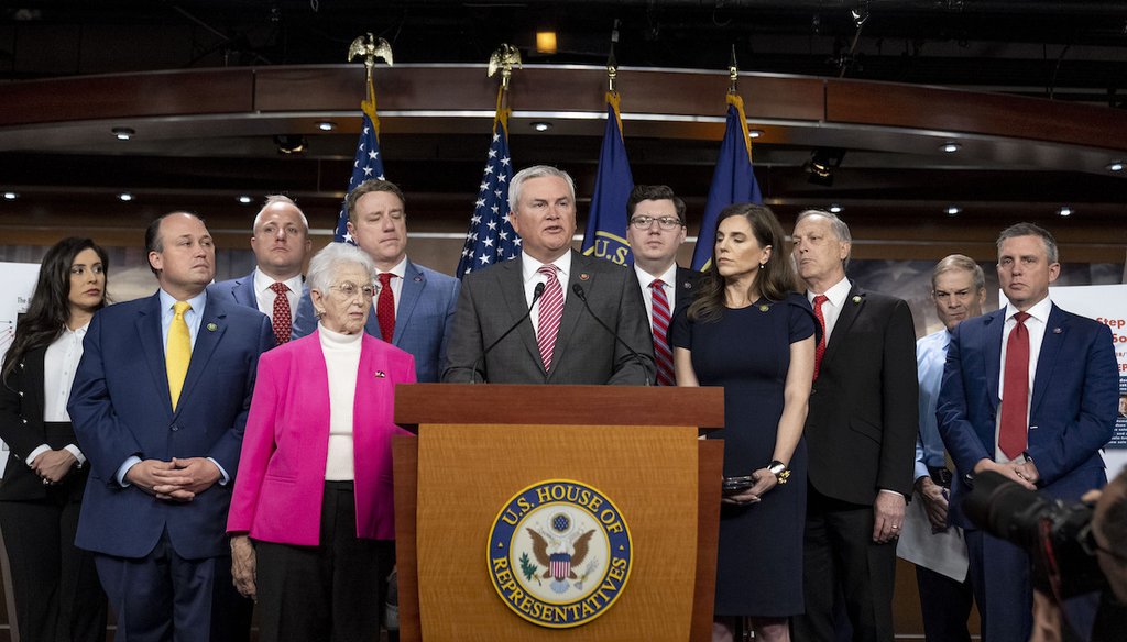 House Committee on Oversight and Accountability Chairman Rep. James Comer Jr., R-Ky., center, accompanied by House Republicans, speaks during a news conference on their investigation into the Biden family on Capitol Hill in Washington, May 10, 2023. (AP)