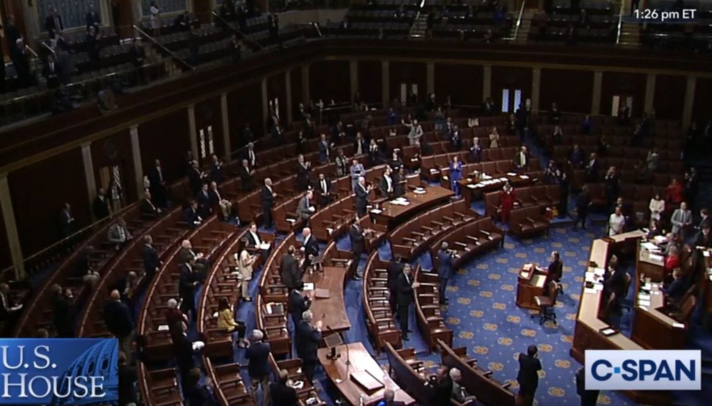 The U.S. House chamber, with members socially distanced, shortly after passage of a $2 trillion-plus coronavirus relief bill on March 27, 2020. (C-SPAN)