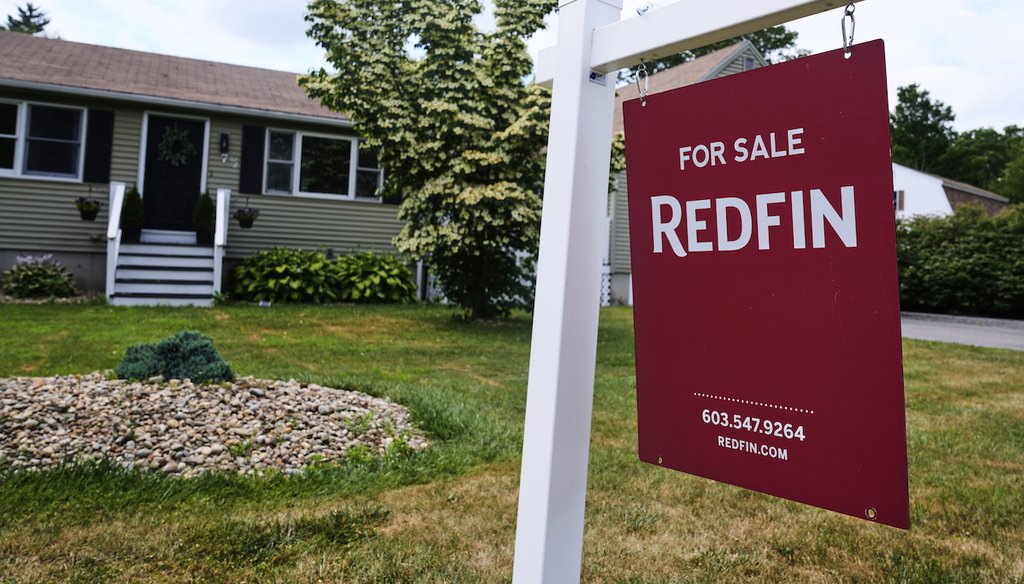 A for sale sign, from the Redfin brokerage, is displayed in front of a single family home, July 17, 2025, in Derry, N.H. (AP)