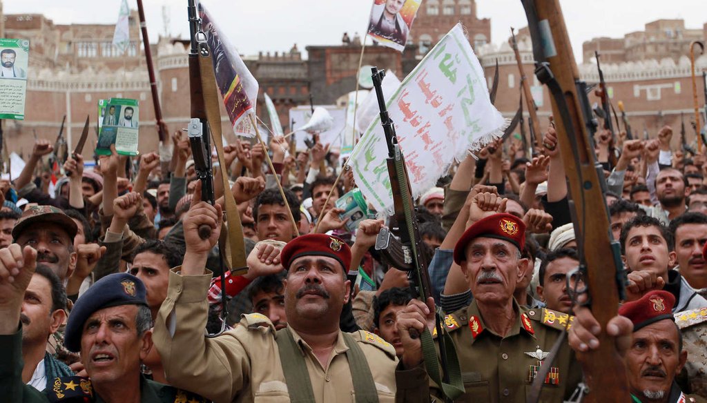 Shiite rebels, known as Houthis, protest against Saudi-led airstrikes, during a rally in Sanaa, Yemen. Iranian support for the Houthis adds new challenges for American diplomacy. (AP)