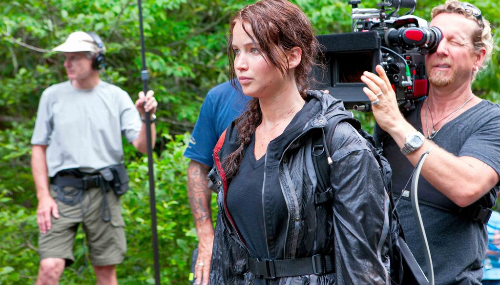 "The Hunger Games" star Jennifer Lawrence with a film crew in North Carolina in 2011, during filming. Photo credit: Murray Close, Lionsgate Films