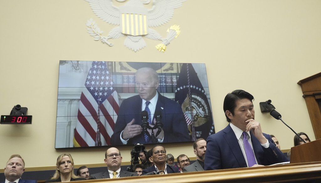 Special Counsel Robert Hur listens to recorded remarks of President Joe Biden during a hearing of the House Judiciary Committee, March 12, 2024. (AP)