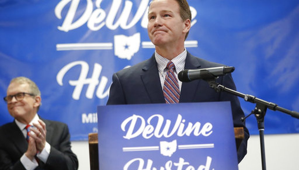 Ohio Secretary of State Jon Husted, right, speaks alongside Ohio Attorney General and former U.S. Sen. Mike DeWine, on Nov. 30, 2017 when Husted became DeWine's running mate for the Republican primary for governor. (AP)