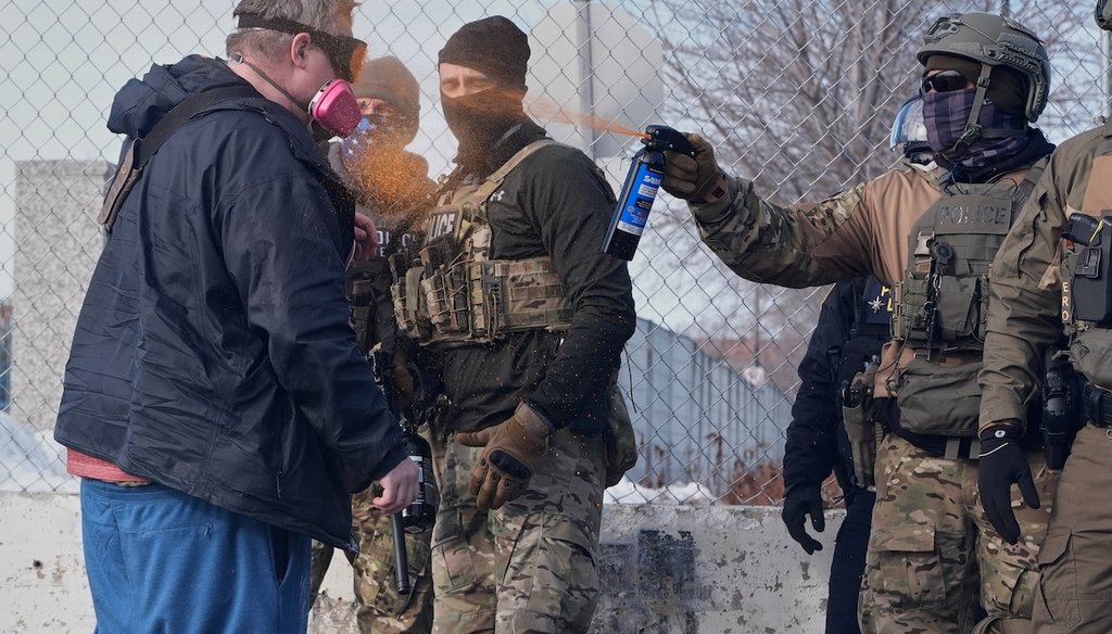 A federal immigration officer deploys pepper spray as protesters demonstrate against Immigration and Customs Enforcement (ICE) after Renee Good, who was fatally shot by an ICE officer last week, Jan. 12, 2026, in Minneapolis. (AP)