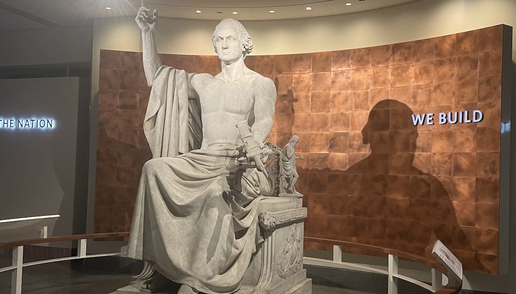 A sculpture of George Washington, completed in 1840 by Horatio Greenough, is displayed at the National Museum of American History. (Louis Jacobson / PolitiFact)