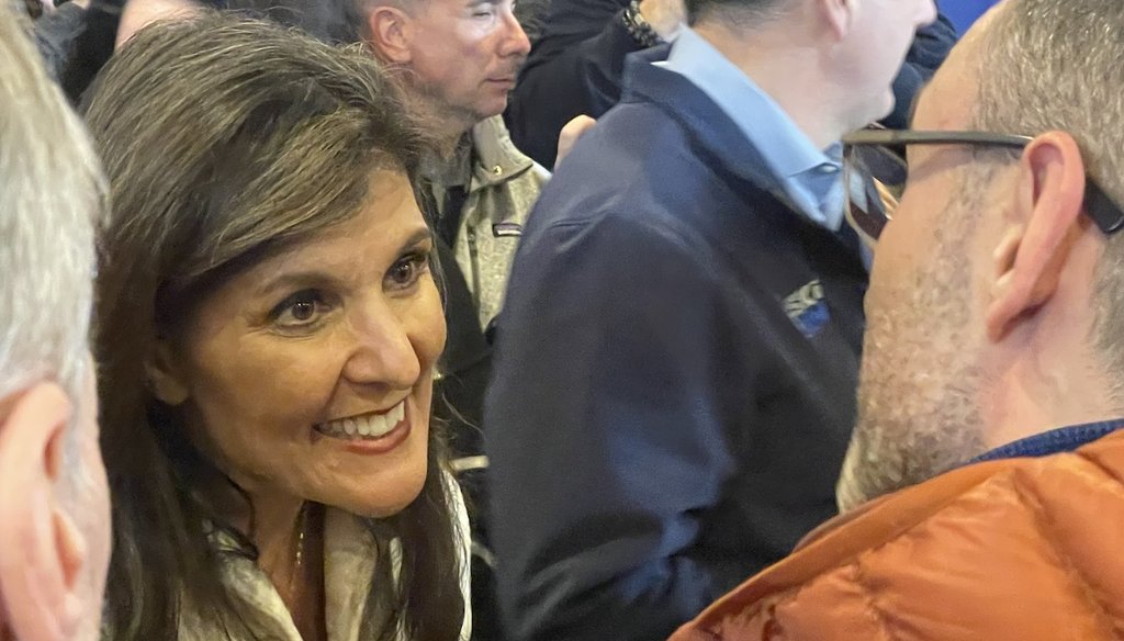 Republican presidential candidate Nikki Haley greets supporters at the American Legion hall in Rochester, N.H., on Jan. 17, 2024. (Louis Jacobson/PolitiFact)