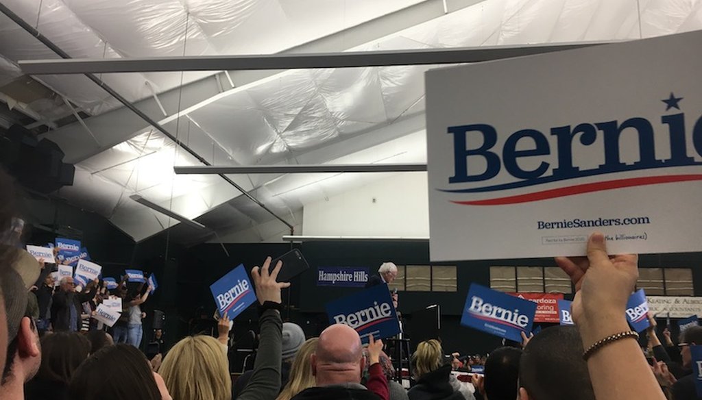 Bernie Sanders speaks to supporters at the Hampshire Hills Athletic Club in Milford, N.H. on Feb. 4, 2020. (Josie Hollingsworth/PolitiFact)