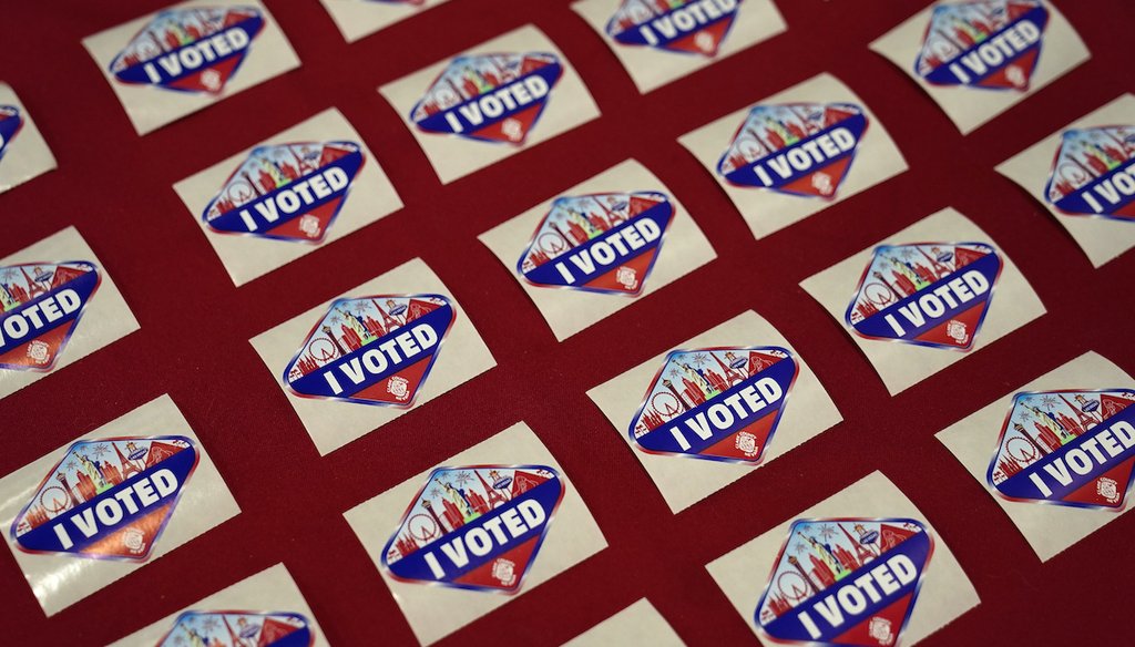 "I Voted" stickers are are on display at a polling place on Election Day, Tuesday, Nov. 3, 2020, in Las Vegas. (AP)