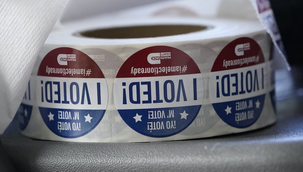 A roll of "I Voted!" stickers are shown, Tuesday, Oct. 6, 2020, at the Miami-Dade County Elections Department in Doral, Fla. (AP)