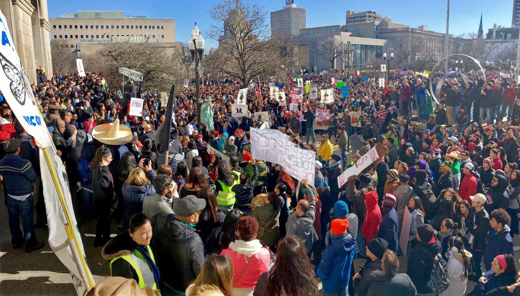 Marchers demonstrated in Milwaukee for a "Day Without Latinos, Immigrants and Refugees" on Feb. 13, 2017. (Mike De Sisti/Milwaukee Journal Sentinel)