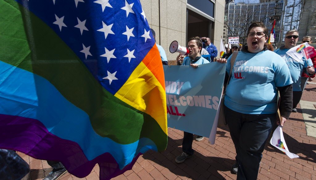 Opponents of Indiana's Religious Freedom Restoration Act marched towards Lucas Oil Stadium in Indianapolis on Saturday, April 4, 2015. The Final Four men's college basketball games were being played at the stadium. (AP photo)