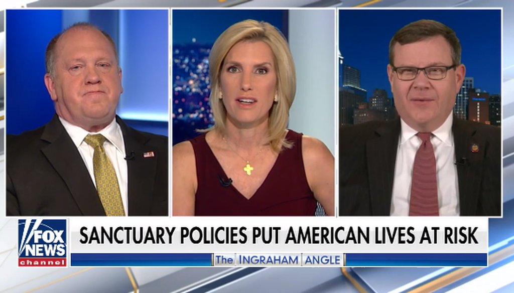 Tom Homan, a former acting ICE director, Laura Ingraham, and North Carolina House Speaker Tim Moore discuss NC sheriffs on the Fox News show “The Ingraham Angle,” on March 20, 2019. (Screen grab)