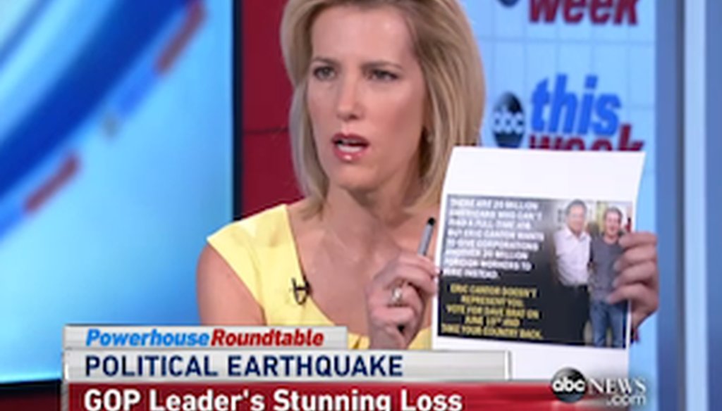 Radio talk show host Laura Ingraham holds a flier criticizing Eric Cantor on "This Week" on June 15, 2014. 