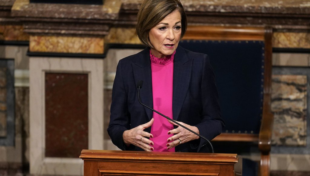 Iowa Gov. Kim Reynolds delivers her Condition of the State address before a joint session of the Iowa Legislature, Tuesday, Jan. 11, 2022, at the Statehouse in Des Moines, Iowa. (AP Photo)