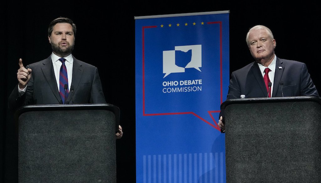 J.D. Vance (left) and Mike Gibbons participating in a March 28, 2022 debate for Republicans running for U.S. Senate in Ohio. (AP)