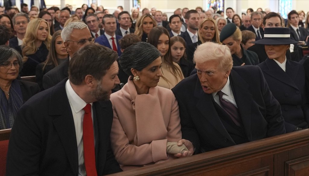 President-elect Donald Trump talks with Vice President-elect JD Vance and Usha Vance before a service at St. John's Church, Jan. 20, 2025, in Washington, ahead of the 60th Presidential Inauguration. (AP)