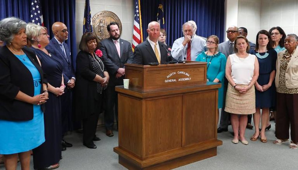 NC Rep. Darren Jackson, the Democratic leader, speaks at a press conference Sept. 11, 2019 after Republicans held a vote on the GOP-proposed state budget, which Democratic Gov. Roy Cooper vetoed.