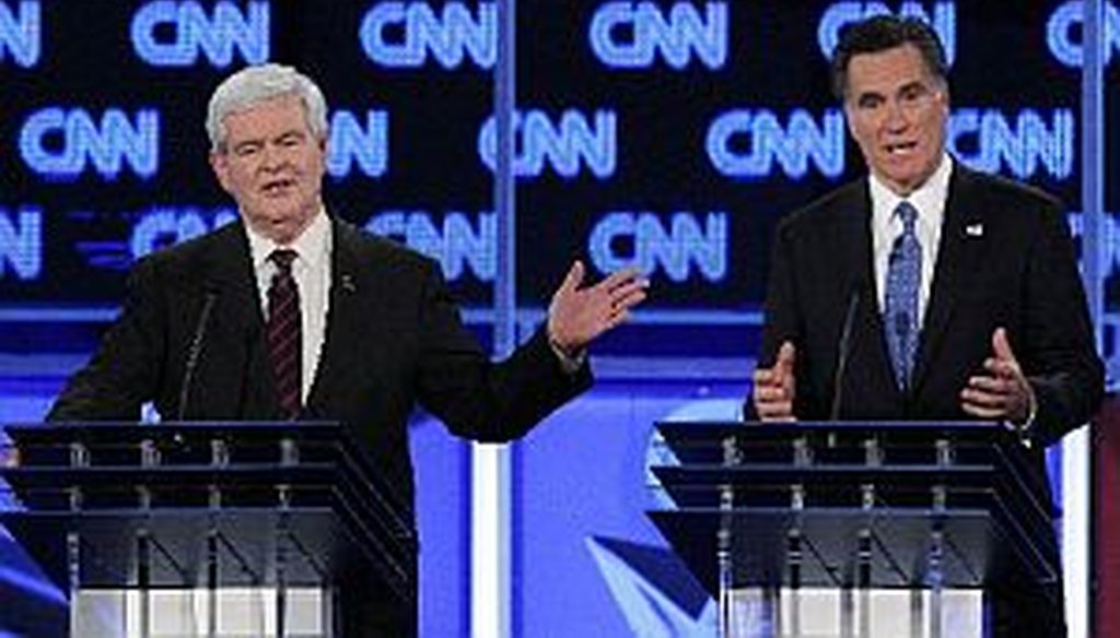 Newt Gingrich and Mitt Romney at the CNN debate in Jacksonville.