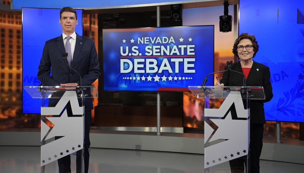 Republican senatorial candidate Sam Brown, left, and Sen. Jacky Rosen, D-Nev., stand in a tv studio before a debate Thursday, Oct. 17, 2024, in Las Vegas. (AP)