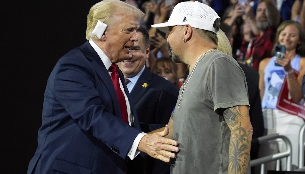 Republican presidential candidate former President Donald Trump greets country music singer Jason Aldean as he arrives for the final day of the Republican National Convention at the Fiserv Forum, July 18, 2024, in Milwaukee. (AP)