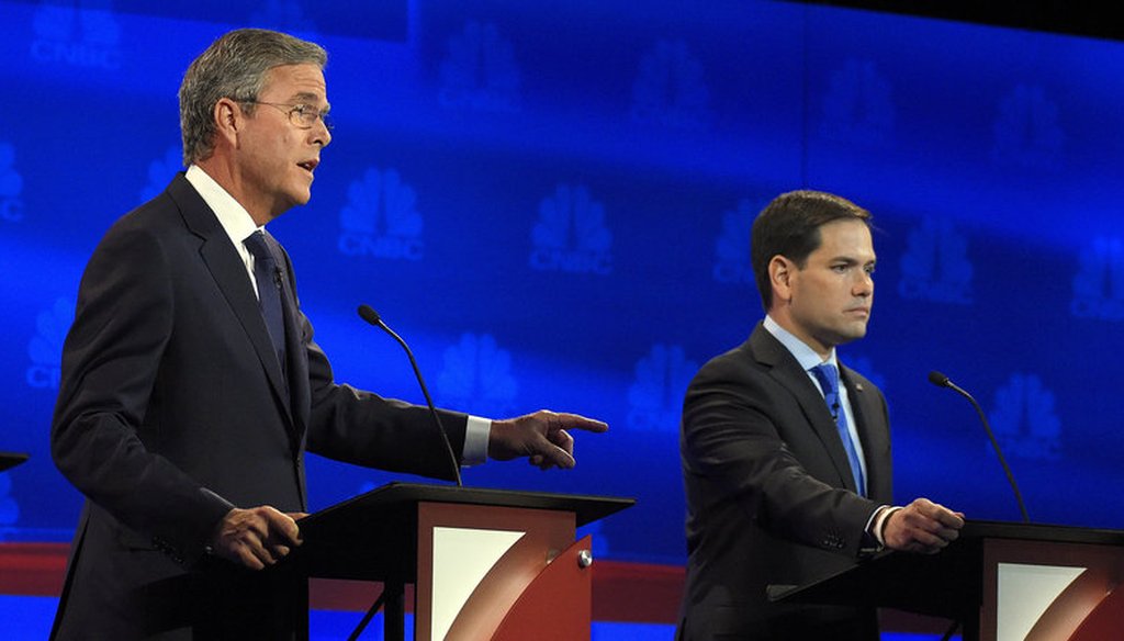 Former Florida Gov. Jeb Bush and U.S. Sen. Marco Rubio sparred during the CNBC debate Oct. 28, 2015. (Associated Press)