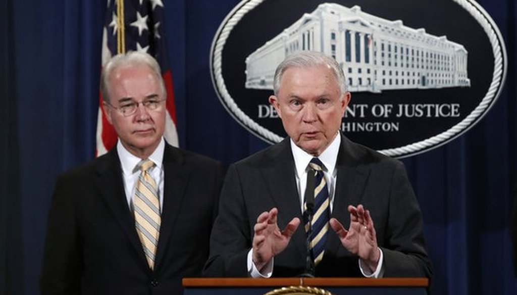 Attorney General Jeff Sessions, right, with Health and Human Services Secretary Tom Price, speaks about opioid addiction during a news conference, Thursday, July 13, 2017, at the Justice Department in Washington. (AP)