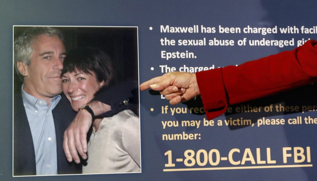 The late Jeffrey Epstein and his longtime companion, Ghislaine Maxwell, are pictured in an image presented at a news conference in New York City on July 2, 2020. Sexual abuse charges against Maxwell were announced. (AP)