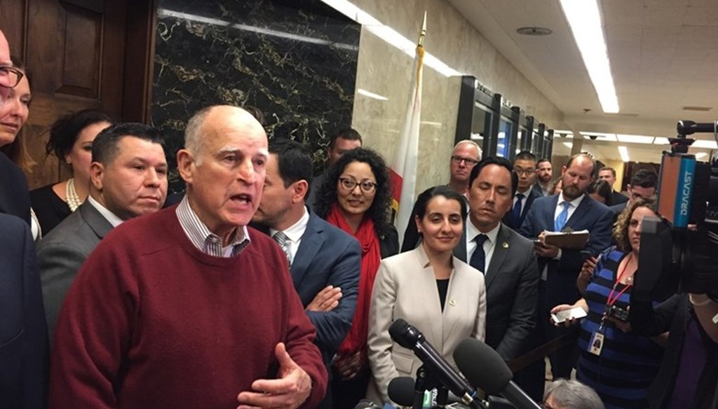 California Gov. Jerry Brown speaks after the state Legislature passed a gas tax increase in April 2017. Ben Adler / Capital Public Radio