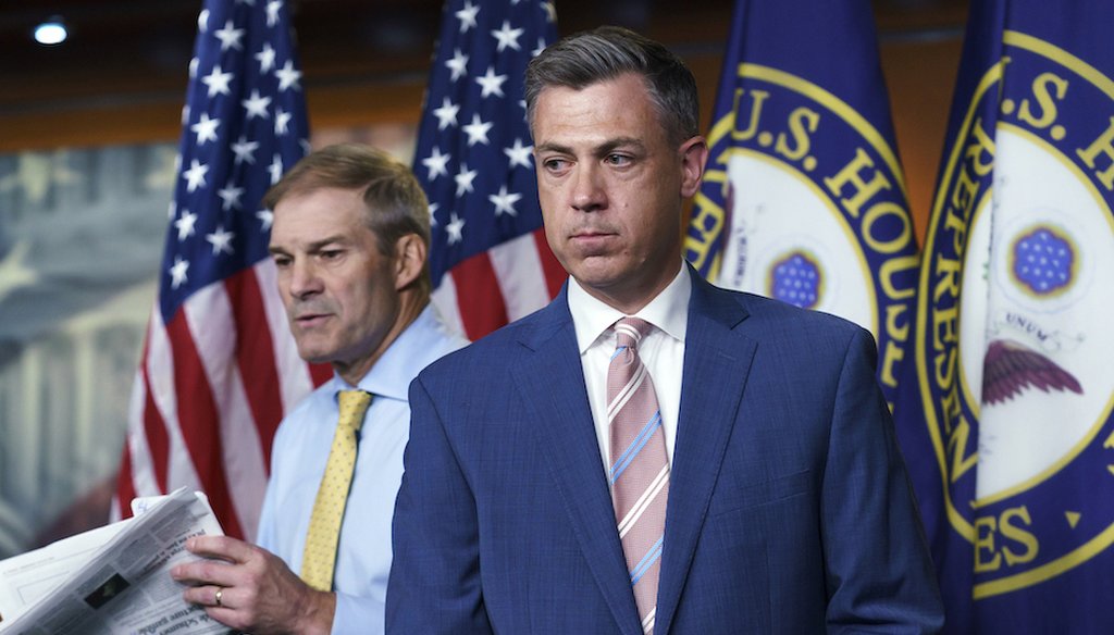 Rep. Jim Banks, R-Ind., and Rep. Jim Jordan, R-Ohio, during a news conference on July 21, 2021. (AP)