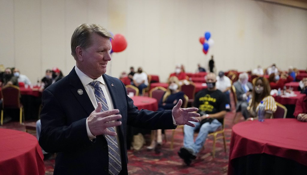 Jim Marchant meets with people at a Republican election night watch party, Tuesday, Nov. 3, 2020, in Las Vegas. (AP)