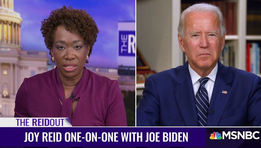 Joe Biden appeared on Joy Reid's MSNBC show, "The ReidOut," on July 20, 2020. (Screenshot)