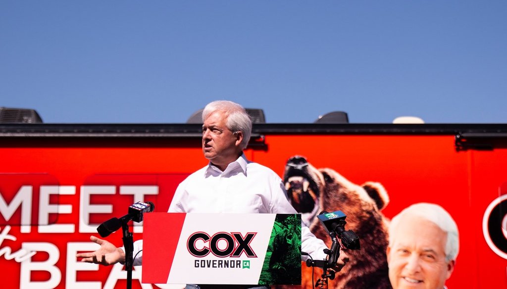 John Cox, Republican gubernatorial candidate in California, launched his official campaign bus tour for the upcoming recall election as an actor bear named Tag walked around behind him in Sacramento on May 4, 2021. Kris Hooks / CapRadio