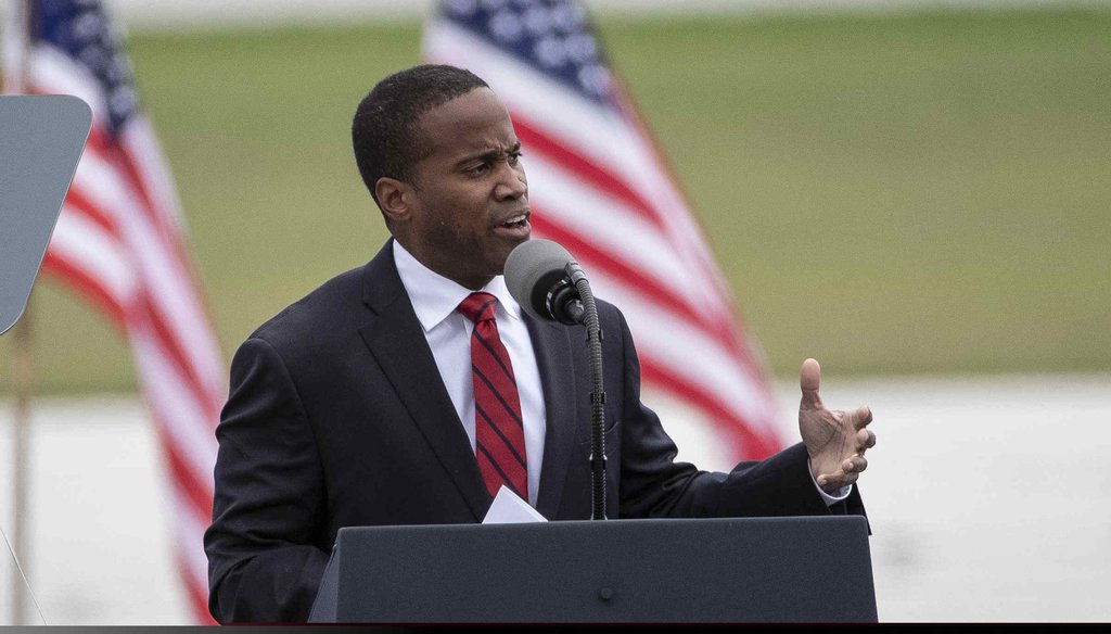 Senate candidate John James speaks during a President Donald Trump rally at the MBS International Airport in Freeland, Thursday, Sept. 10, 2020. (Mandi Wright, Detroit Free Press)