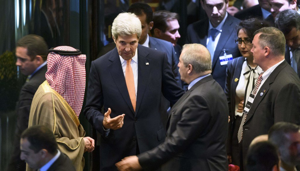 U.S. Secretary of State John Kerry (center) gestures next to Saudi Arabian Foreign Minister Adel al-Jubeir (left) and Jordanian Foreign Minister Nasser Judeh at the end of Syria peace talks on Oct. 15, 2016 in Lausanne, Switzerland. (Getty Images)