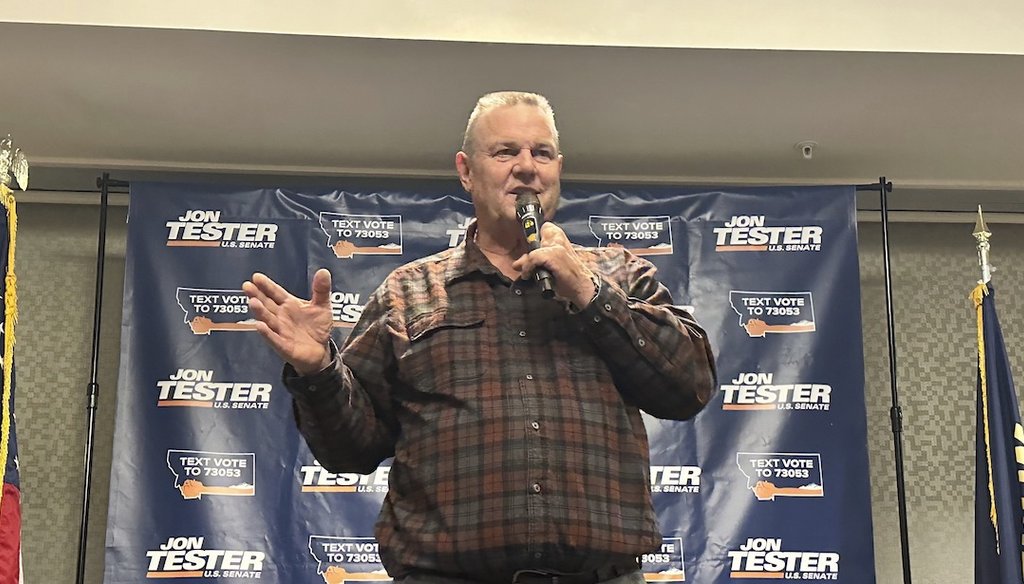 Sen. Jon Tester, a Montana Democrat, speaks to supporters during a campaign rally at a hotel ballroom, Oct. 25, 2024, in Bozeman, Mont. (AP)