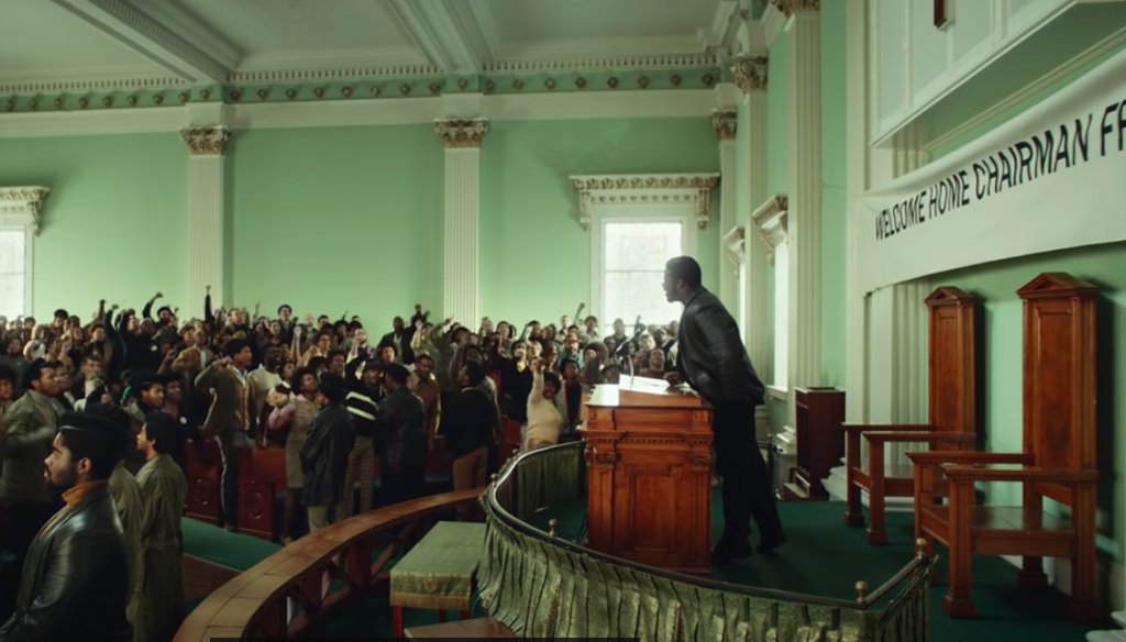 Black Panther leader Fred Hampton, played by Daniel Kaluuya, leads a rally in Chicago in a scene from “Judas and the Black Messiah” from Warner Bros. Pictures. (Screenshot)