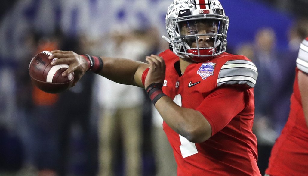 Ohio State quarterback Justin Fields during the Fiesta Bowl against Clemson, on Dec. 28, 2019. After the Big Ten Conference decided to postpone its fall 2020 season because of COVID-19, Fields started an online petition to get the decision reversed. (AP)