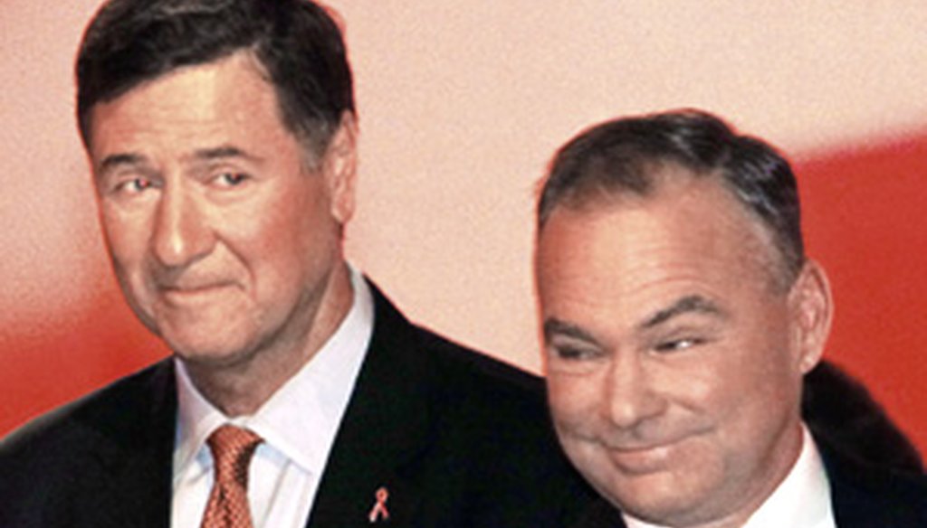 U.S. Senate candidates George Allen, left, and Timothy Kaine thank the panelists after their debate Monday night.