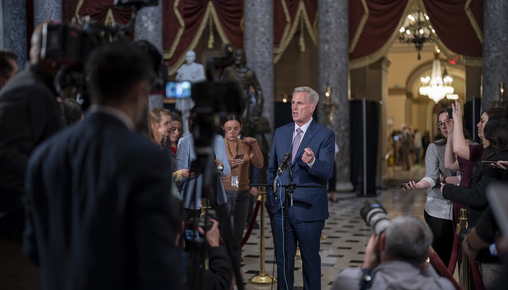 House Speaker Kevin McCarthy, R-Calif., talks to reporters just after the Republican majority in the House narrowly passed a sweeping debt ceiling package as they try to push President Biden into negotiations on federal spending, April 26, 2023. (AP)