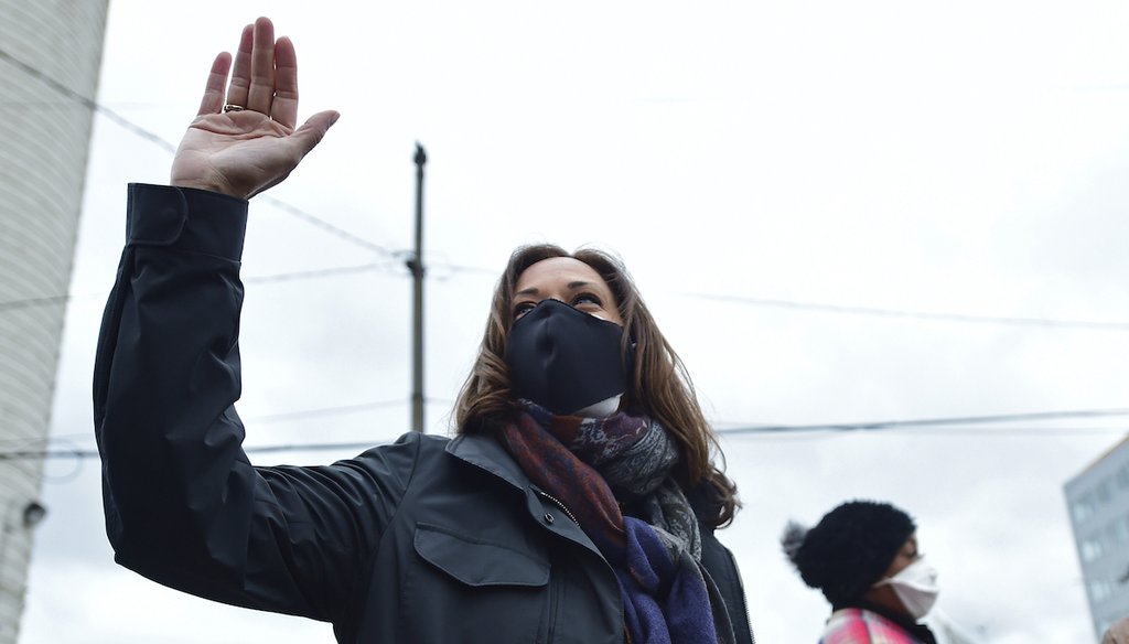 Democratic vice presidential candidate Sen. Kamala Harris, D-Calif. waives to the crowd outside the Cuyahoga County Board of Elections during a campaign event, Saturday, Oct. 24, 2020, in Cleveland. (AP)