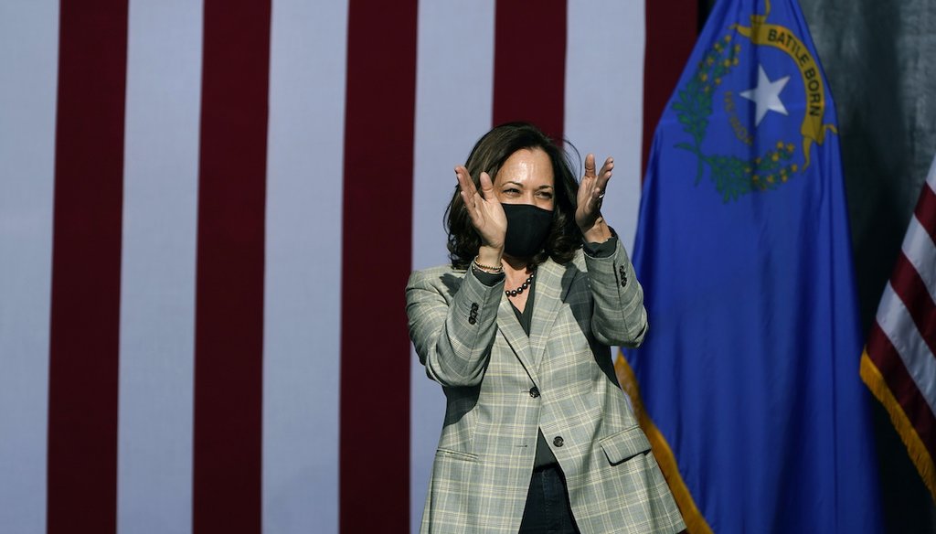 Democratic vice presidential candidate Sen. Kamala Harris, D-Calif., reacts after speaking at a drive-in campaign event Friday, Oct. 2, 2020, in Las Vegas. (AP Photo/John Locher)