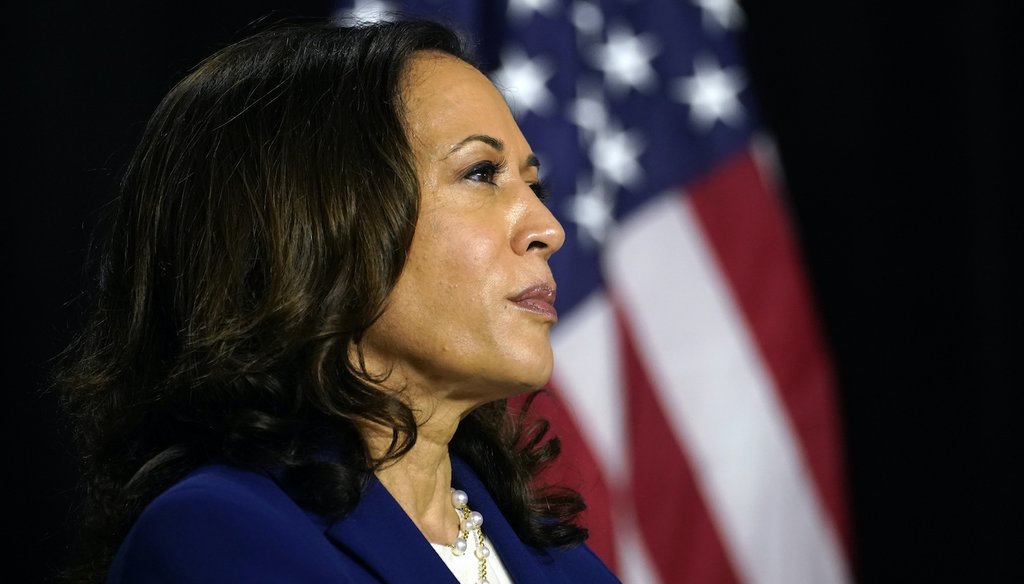 Sen. Kamala Harris, D-Calif., listens as Democratic presidential candidate former Vice President Joe Biden introduces her as his running mate at Alexis Dupont High School in Wilmington, Del., Wednesday, Aug. 12, 2020. (AP)