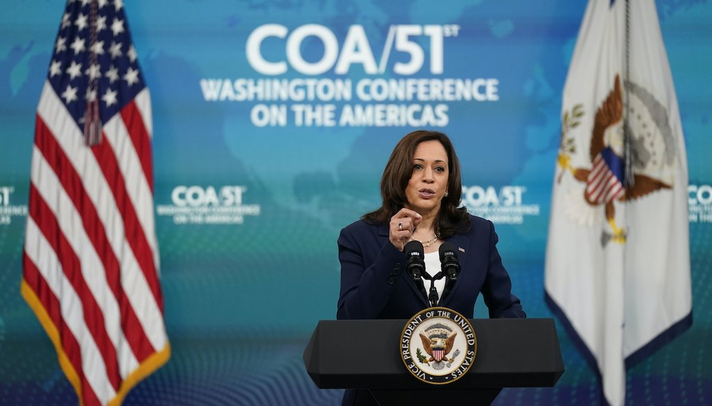 Vice President Kamala Harris delivers remarks to the Washington Conference on the Americas from the South Court Auditorium on the White House campus in Washington, May 4, 2021. (AP)